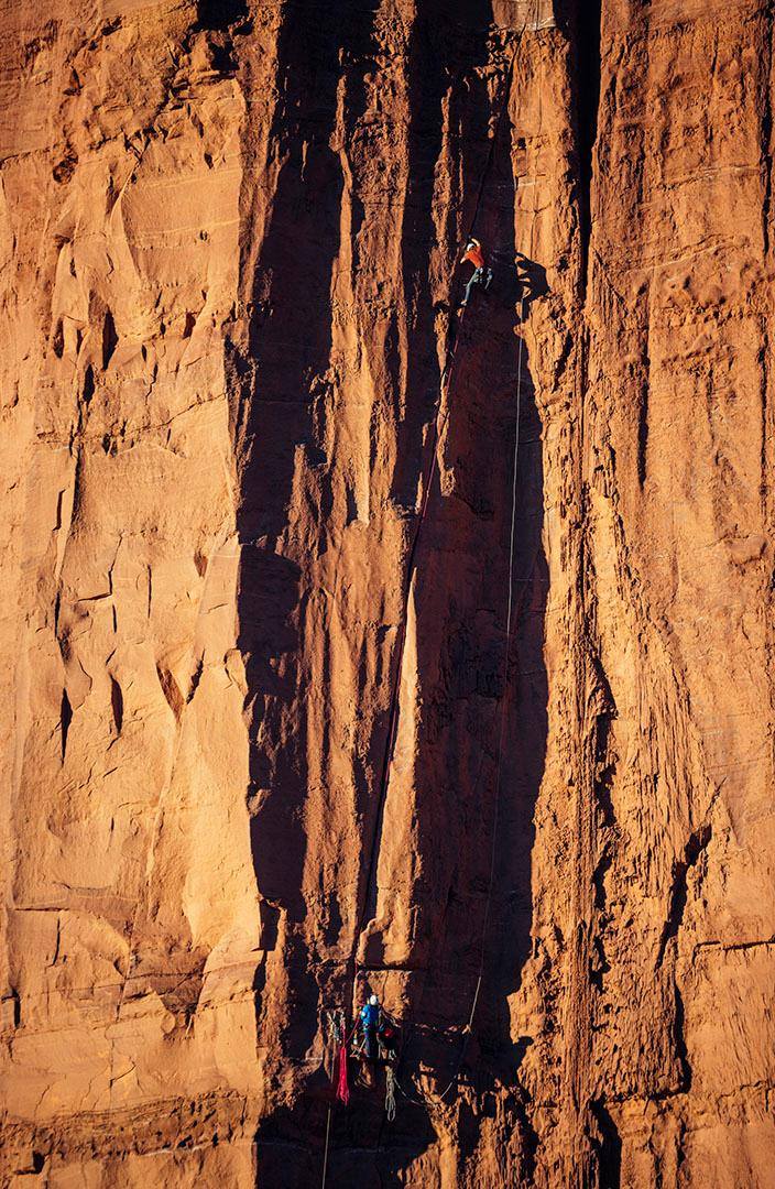 Getting dirty on a Sundevil Chimney sweep. The Titan, Fisher Towers, Utah.