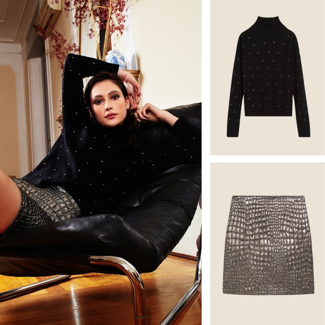 Winter rocker chic! A jumper with studs and a croc-effect lamé skirt will instantly transform your living room into a medley of lights.