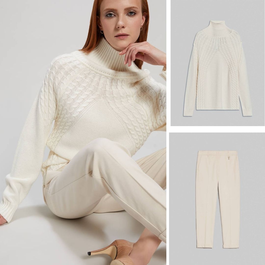This hot snow-white match of a sweater and slim-fit trousers will instantly transport you to a winter wonderland!