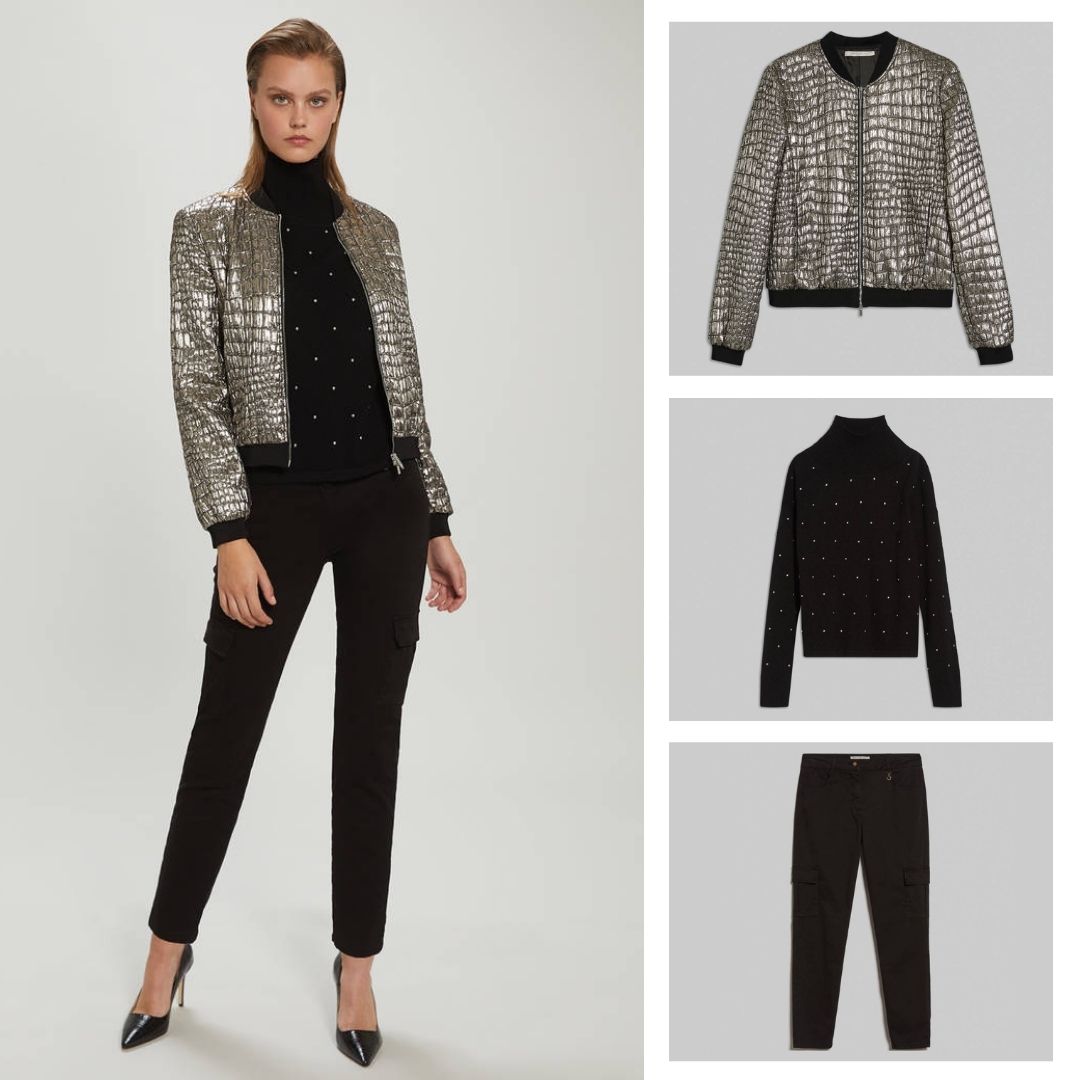 Sparkle and shine! Rock and couture hit it off in this stamped croc silver lamé bomber jacket.