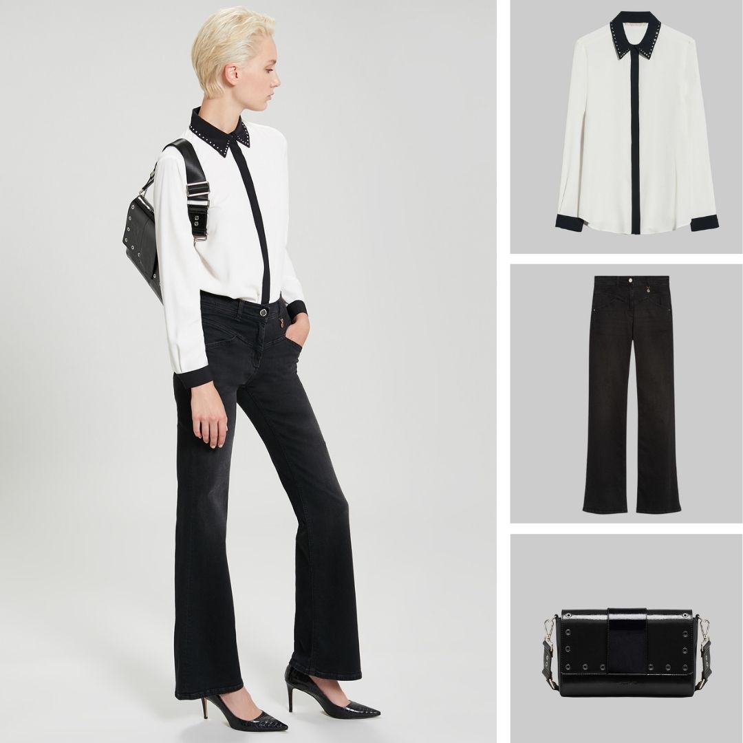 Black and white always looks elegant. Complete your look with a shoulder strap bag in patent leather and just the right amount of stylish grit.