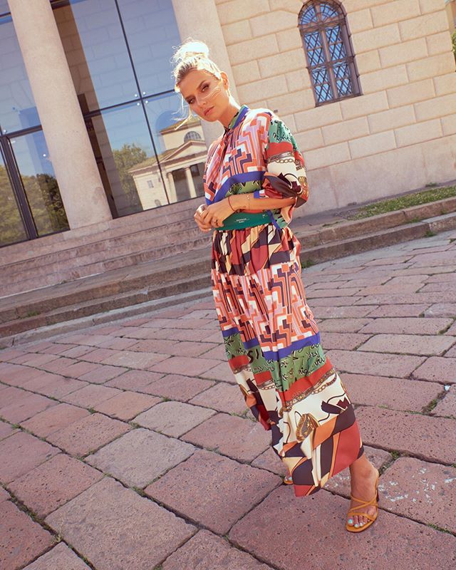 New season, new palette. Veronica Ferraro wears a vivid blouse and skirt from the Chaotic Elegance Signature Collection, created in collaboration with Japanese artist Ritsue Mishima. 