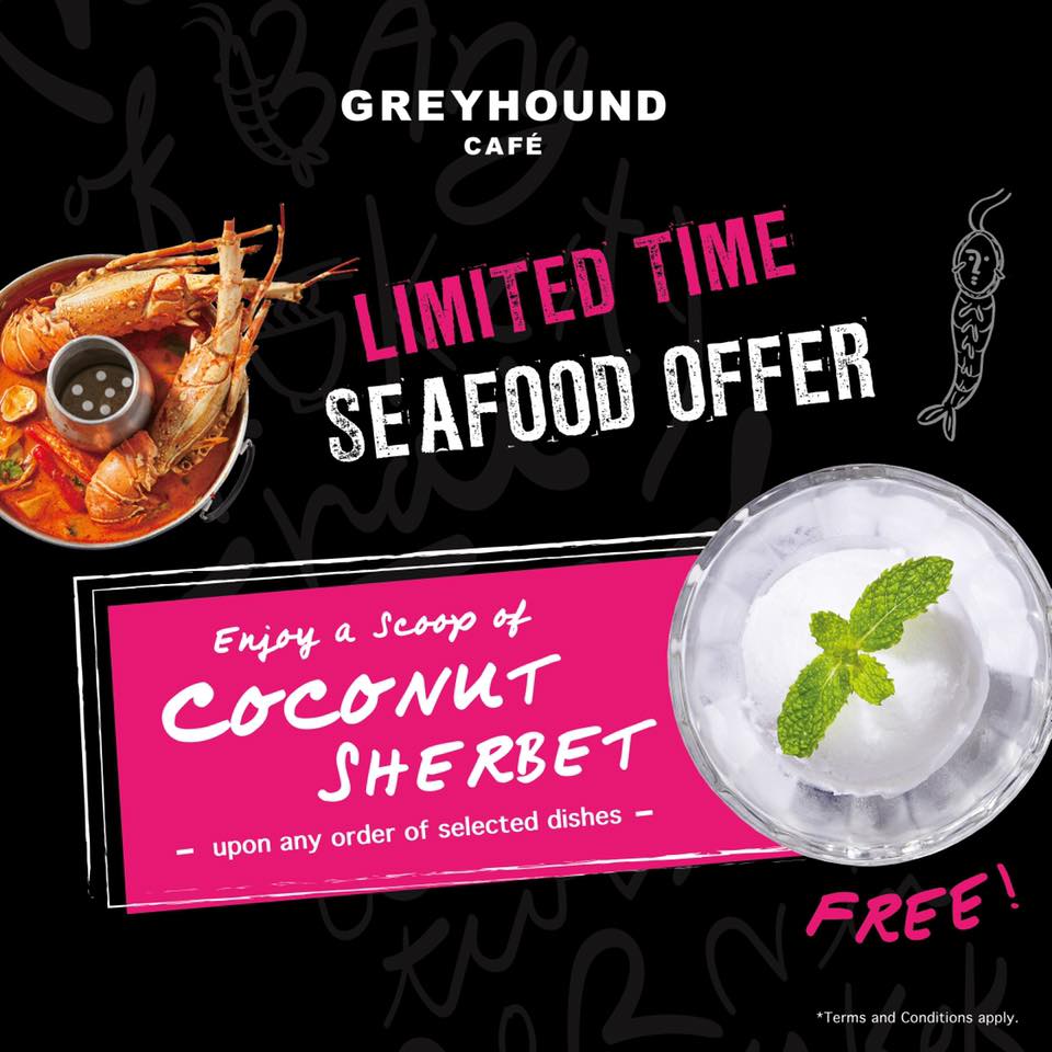 🐟🦑  Limited Time Seafood Offer at Greyhound Cafe Cityplaza 🐙🦐 TGIF!! While immersing yourself in our appealing seafood dishes, freshen up your tongues to continue with the spicy yet flavorful bites🌶️ !!  From now on until 30 Nov 2020, order from any of our selected seafood dishes to enjoy a scoop of coconut sherbet for FREE~~ ... Visit us at @cityplazahk to enjoy the offer before it sneaks out💨   *Terms and Conditions apply. Greyhound Café, Cityplaza