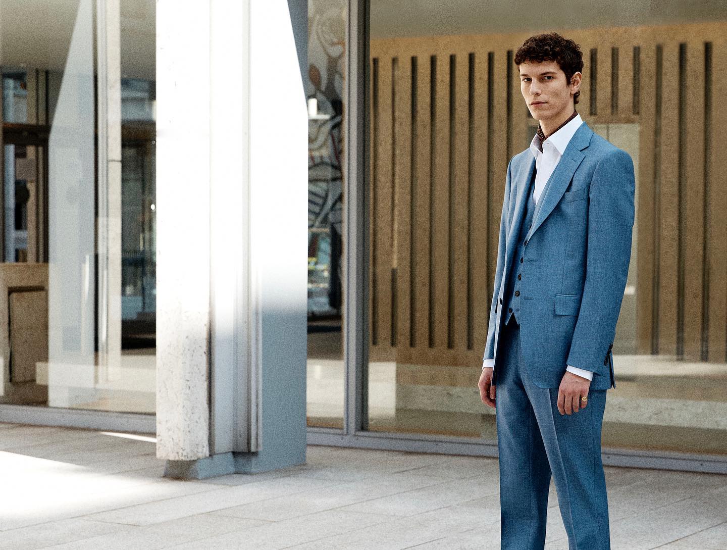 Summer tailoring with our blue light wool three piece suit.