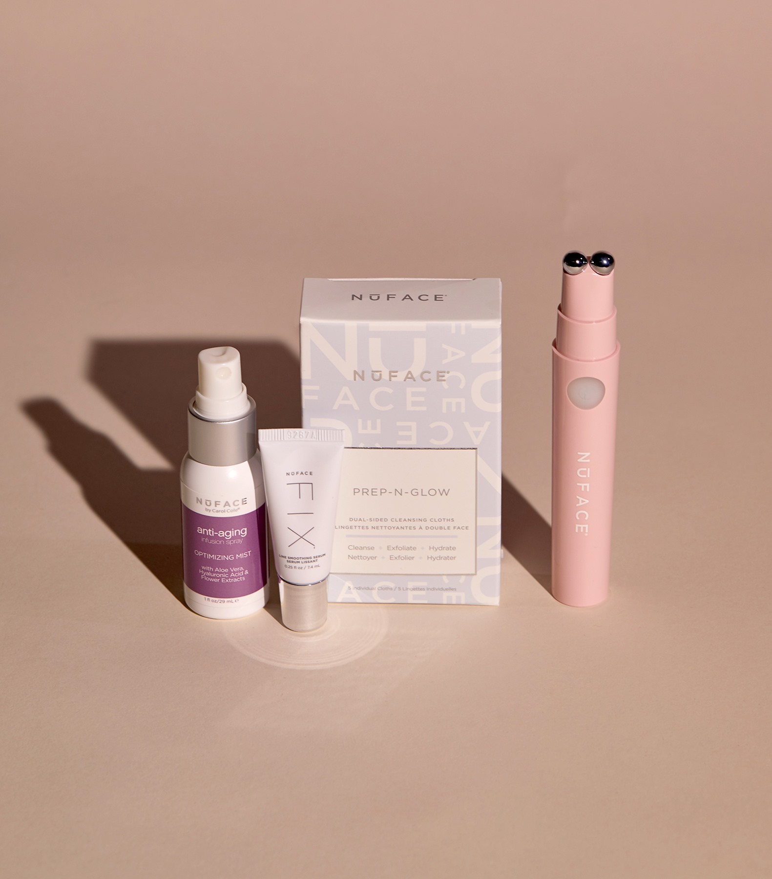 【The ultimate wanderlust companion】  Introducing NuFACE FIX Wanderlust collection, where all your travel beauty essentials are at your disposal, each set features a limited-edition blush-coloured NūFACE FIX device, an addictive NūFACE FIX Serum, a pack of 5 exfoliating Prep-N-Glow cleansing cloths and one hydrating Optimizing Mist