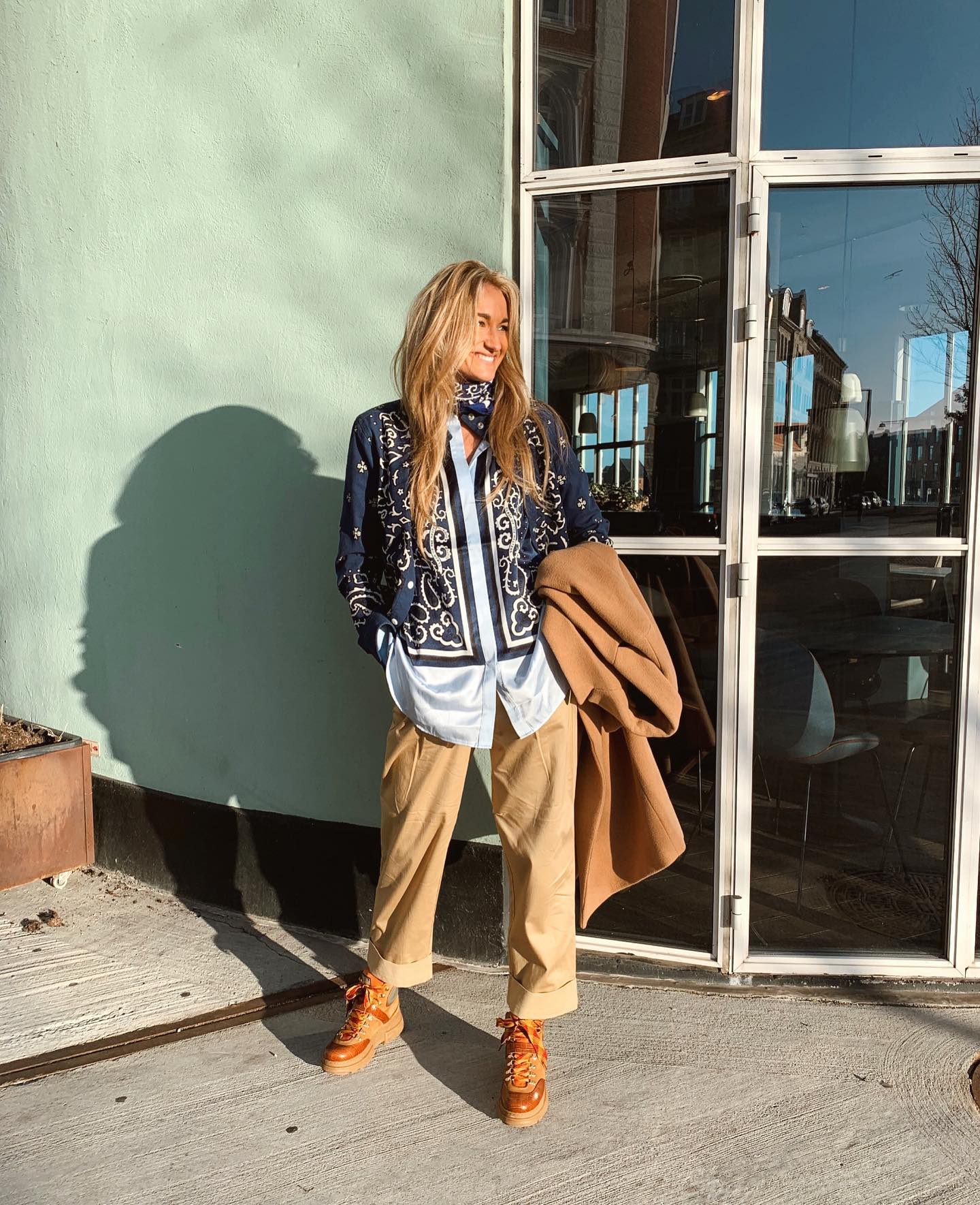 Josephine Havmøller giving us good weekend-wear inspo in relaxed chinos and a dash of bandana cool.