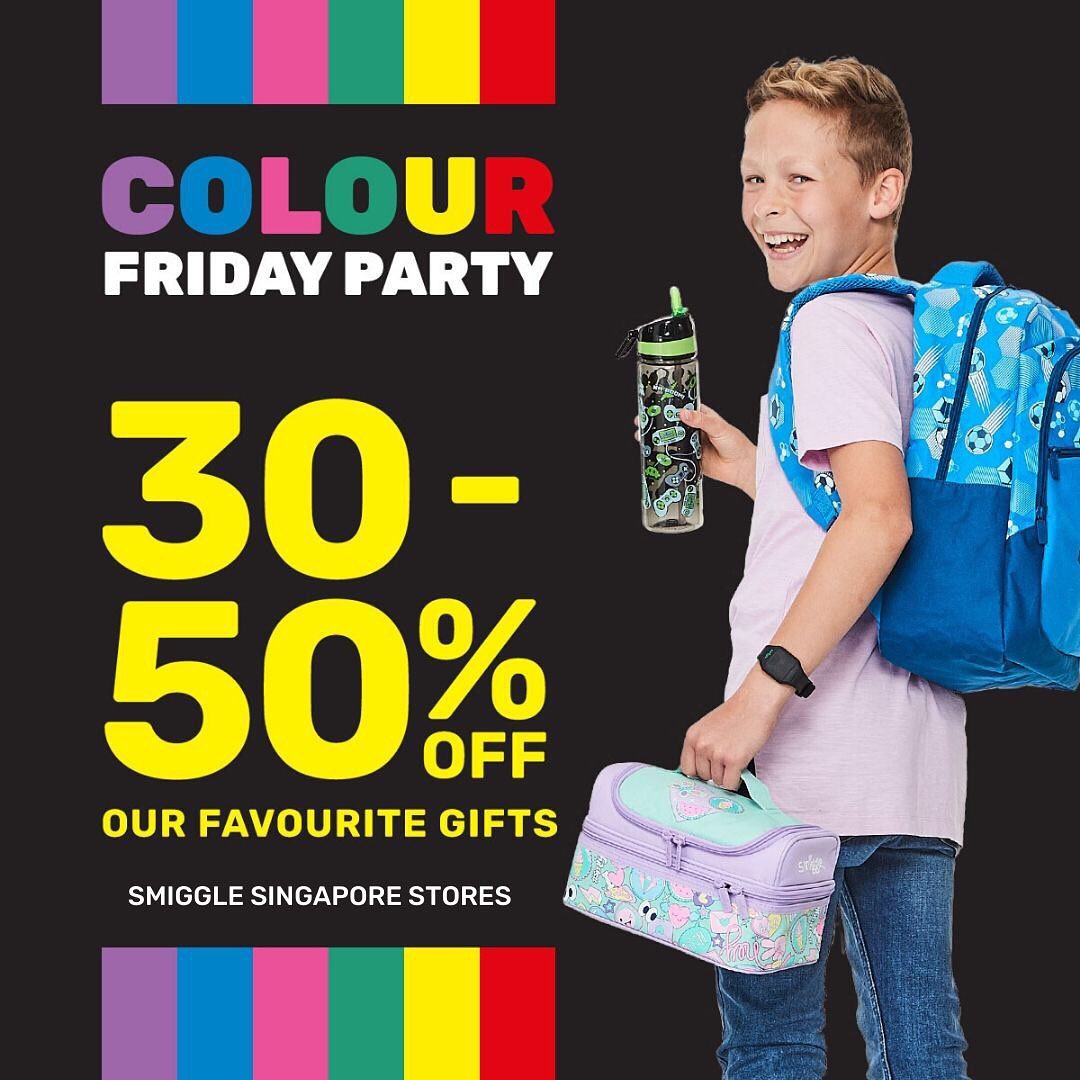 Singapore Smigglers, excited to shop Black Friday? Welcome to the Colour Friday Party at Smiggle! 🎊🌈Get Christmas ready with 30-50% off our favourite gifts INSTORE TODAY! 🎉Hurry, ends Friday! * available in Smiggle Singapore stores only. T&C’s apply 