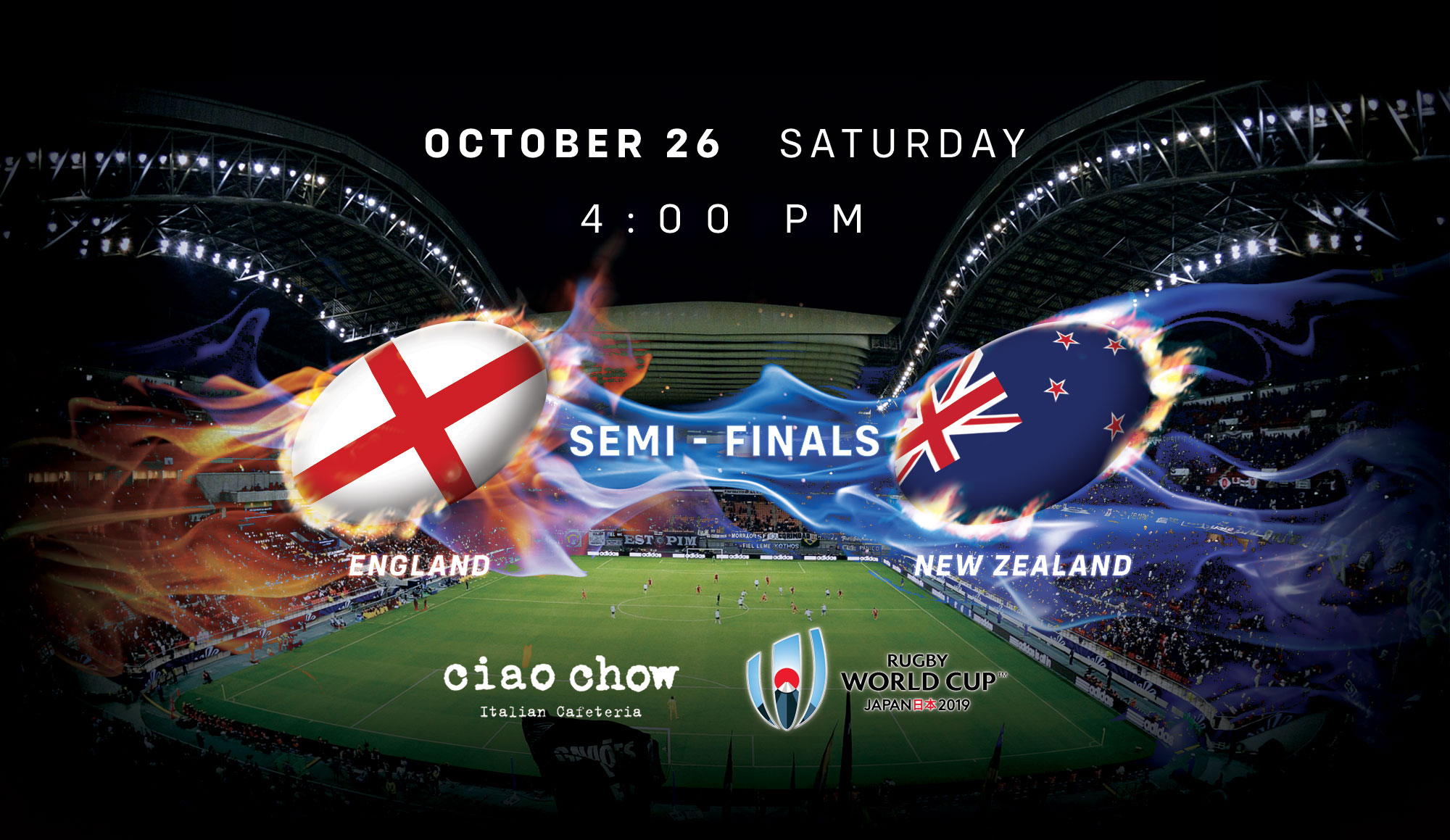 Enjoy touch line action on Ciao Chow's big screen this weekend when England play New Zealand on Saturday 4pm and Wales meet South Africa on Sunday 5pm. You'll need nerves of steel and 2 hours of free-flow Peroni beer (just $199) to get you through the semi-finals and find out who will face off for the big final on 2 November!  🎥Two 110' projector screens. Three 55' flat screens. 25 craft beers on tap....