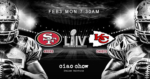 Live broadcasting and American Breakfast with beer free-flow for the Super Bowl LIV on Feb 3, starts at 7:30AM, at Ciao Chow (LKF)... See you there !