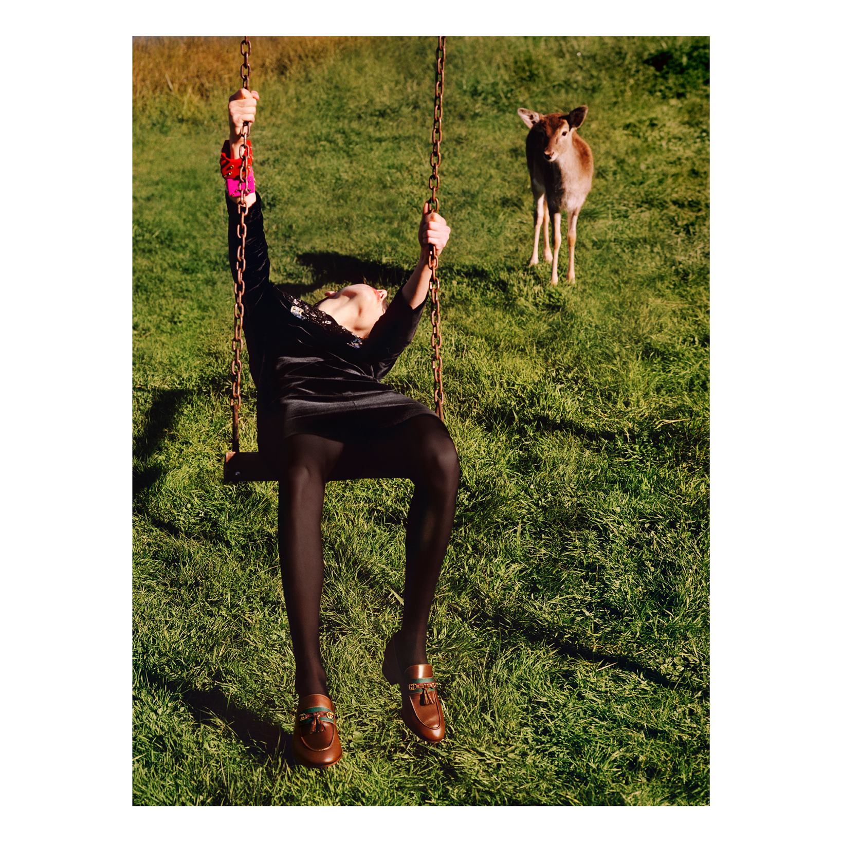 An image from the Gucci Pre-Fall 2020 So Deer To Me campaign inspired by childhood innocence, when as kids we rejoiced in nature. 