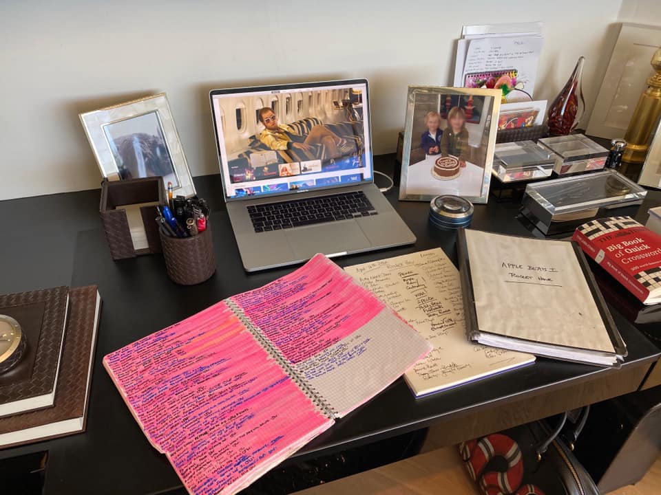 Pictured, Elton John’s notebook where he is at home searching for and listing new artists for his Rocket Hour weekly radio show, hosted by Apple Music