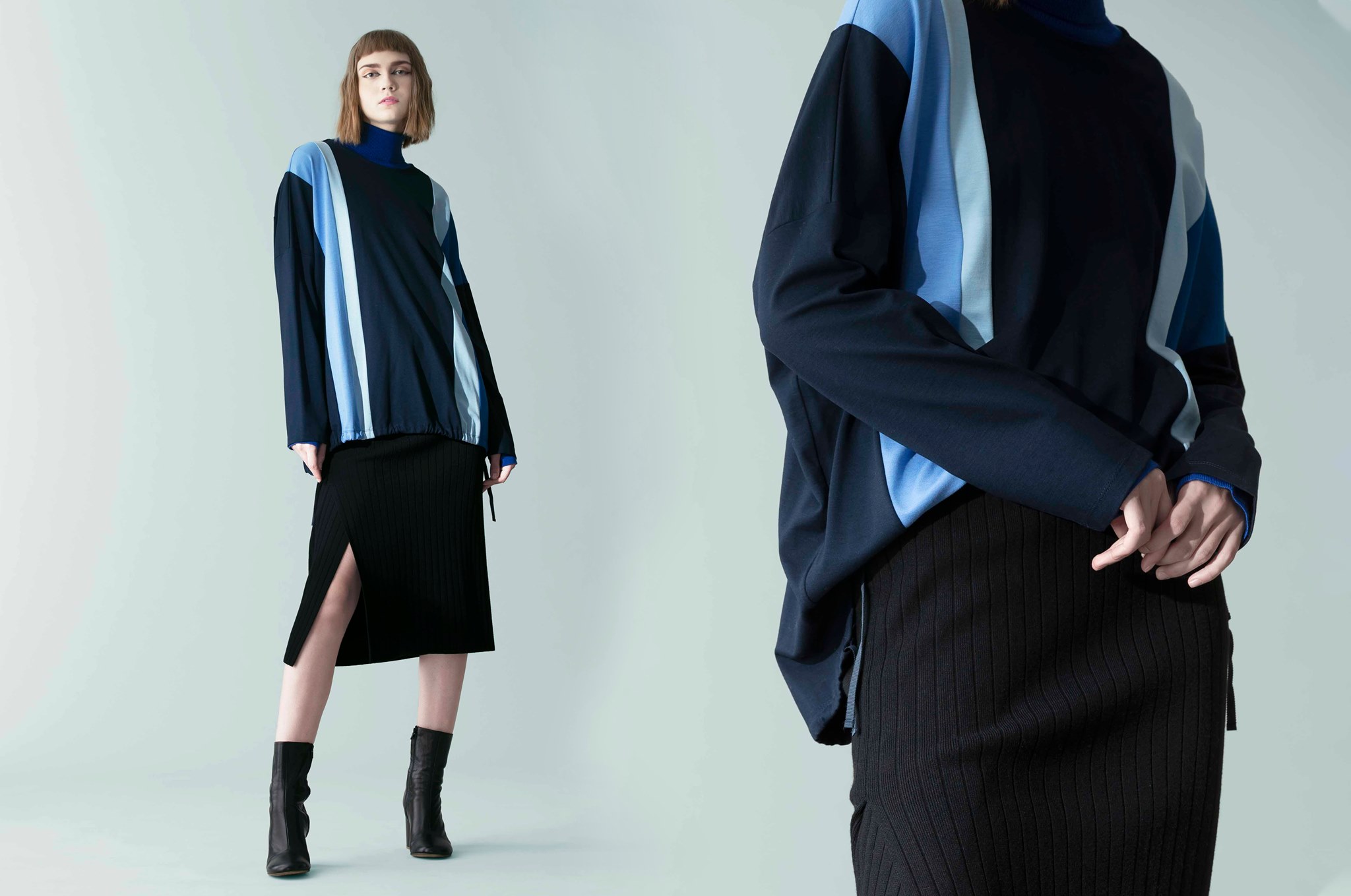 【Colourblock Stripe Top】Atsuro Tayama於混綿上衣以不同色調的特大條紋營造視覺豐富的拼色效果，並於下擺加入索繩，讓您隨心變化出不同的造型，展現獨有的前衛風格。 更多Atsuro Tayama單品在Sidefame網店發售﹕