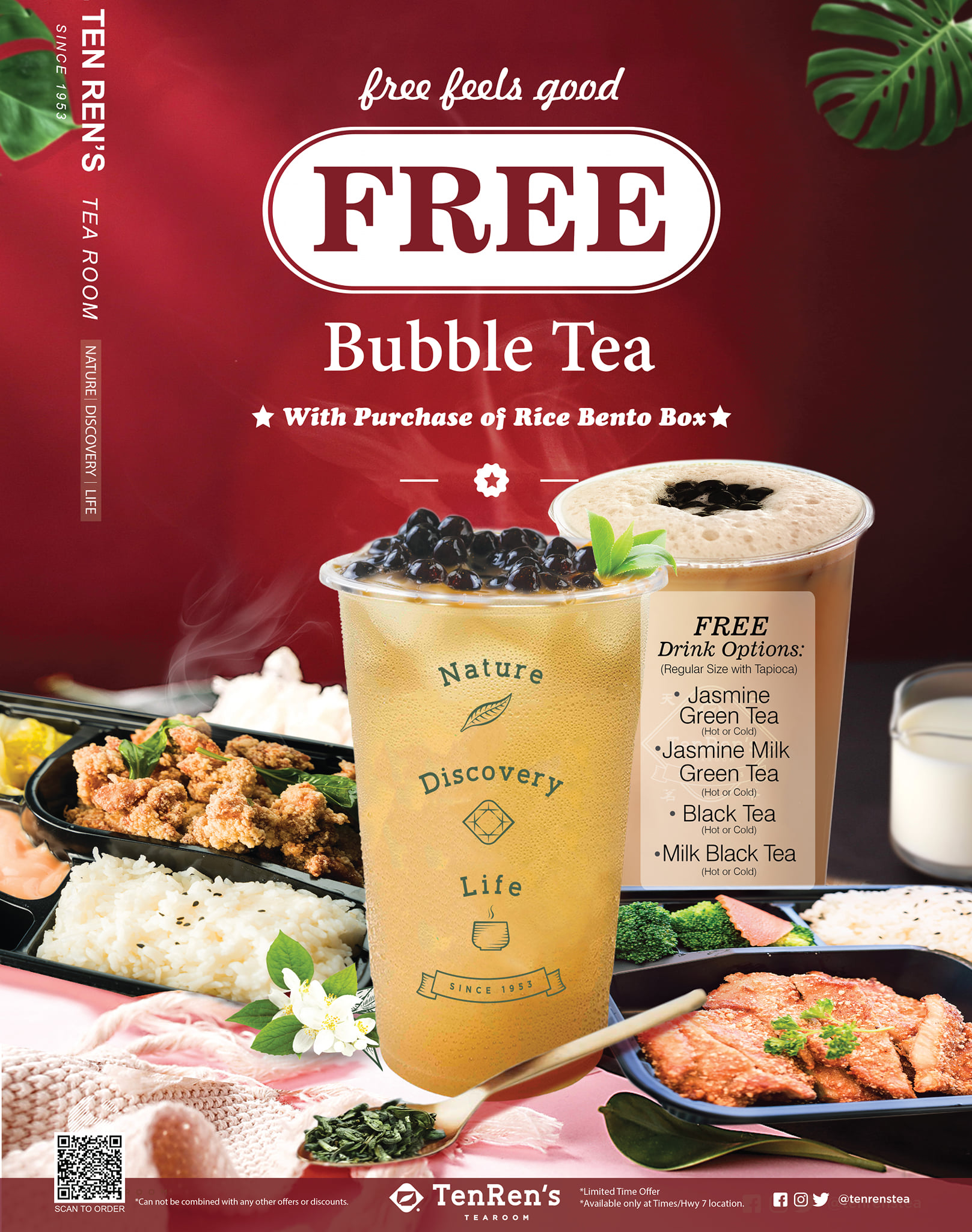 For a limited time only, enjoy a FREE bubble tea with purchase of Rice Bento Box. 