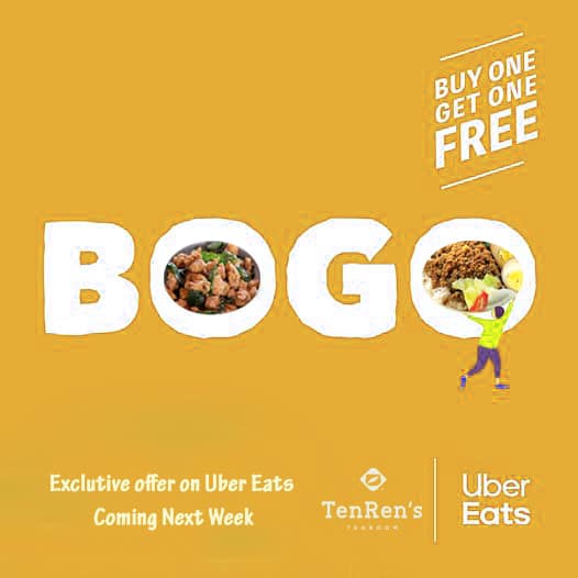 BOGO Alert!!! Buy one get one free when you order from Uber Eats starting Jan. 18 through Jan. 31! Search for “Ten Ren’s Tea” on your Uber Eats app for more details.