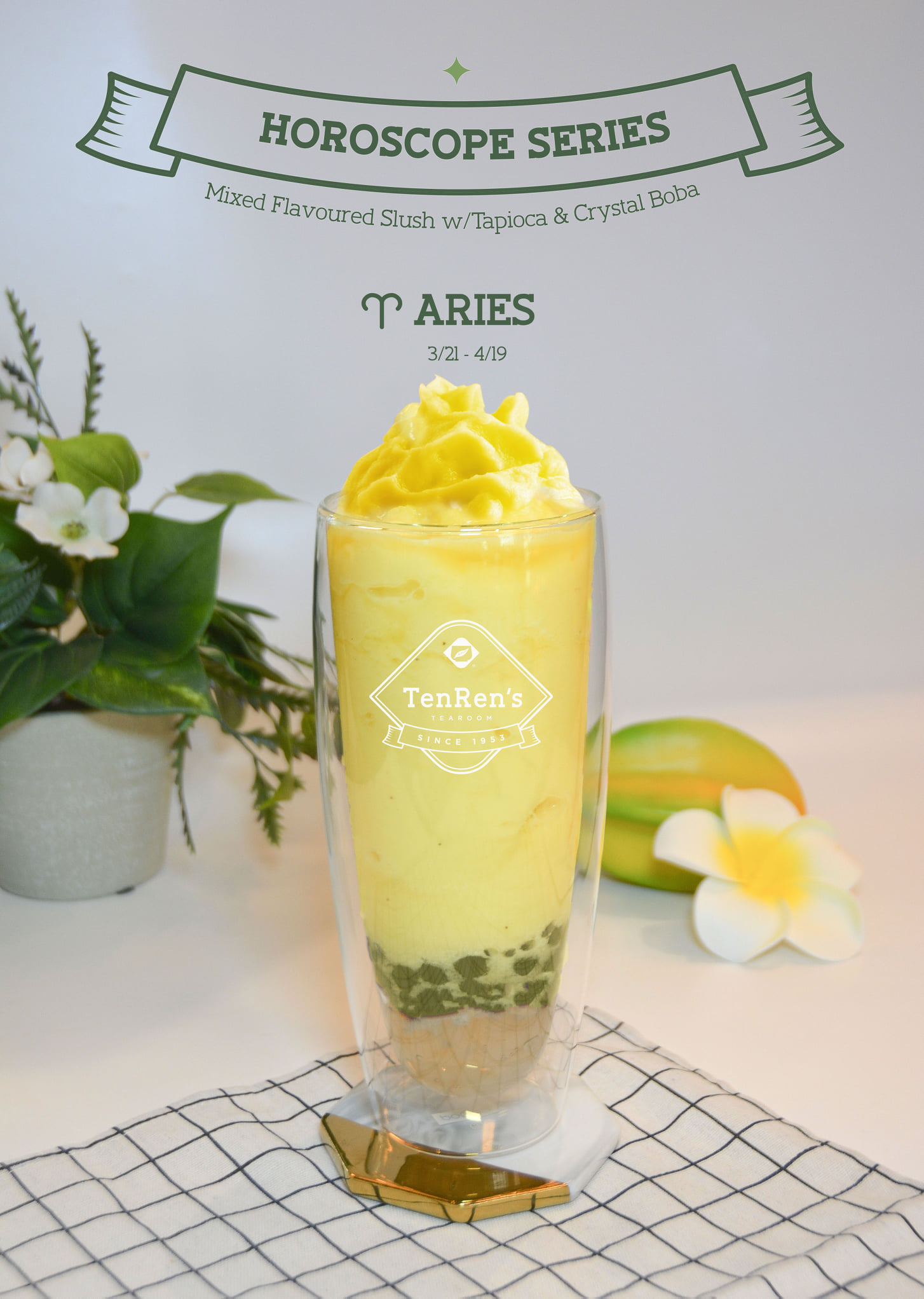 《Horoscope Series》Introducing Aries! With luscious flavours of Peach and Pineapple Slush and served with Tapioca & Crystal Boba. Enjoy this delicious cup of ARIES with the warm weather this week. Stay safe and stay happy!  Selected stores remain open for take-out and delivery (please call ahead to order or visit www.tenrenstea.com to order online) ✔️Yonge & Empress Walk (416-229-1688) ...