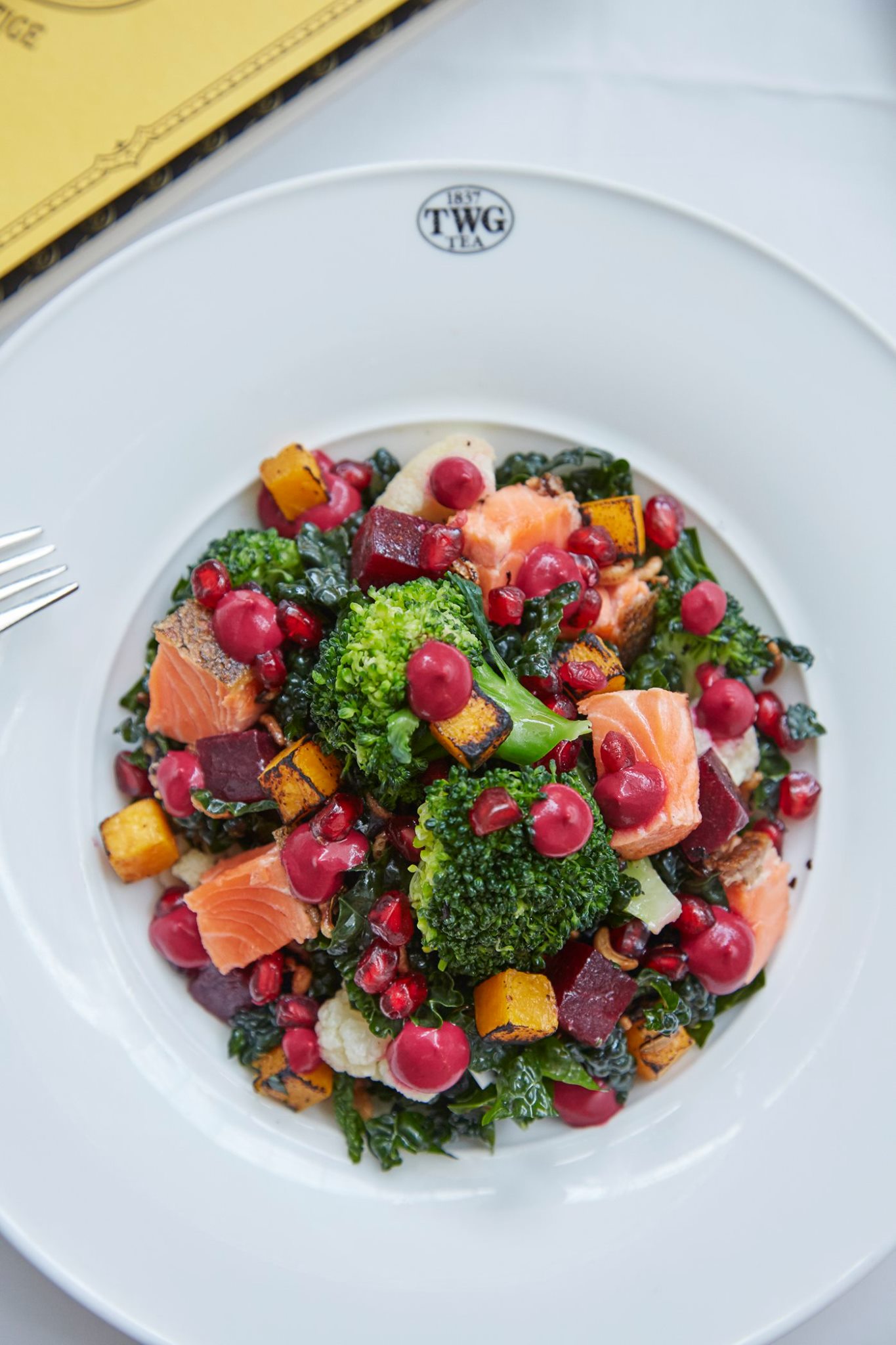 Here's to a colorful day ahead, TWG Tea seared Tasmanian ocean trout on a bed of Tuscan kale salad with roasted pumpkins, puffed wild rice, broccoli and cauliflower seasoned with a calamansi dressing, served with fresh pomegranate and an Indian Night Tea infused beetroot relish on this week's set menu. Available at all TWG Tea Salons in Singapore.