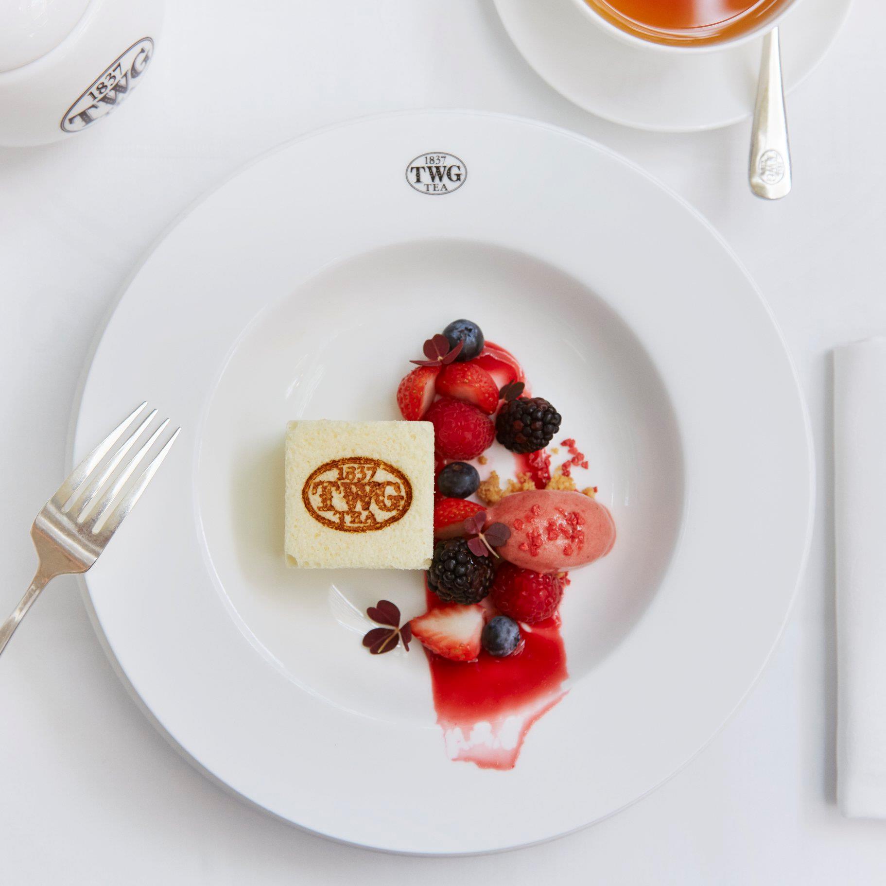 Indulge in TWG Tea light Japanese cheese cake served with summer berries and a scoop of Timeless Tea sorbet on this week's Set Menu.