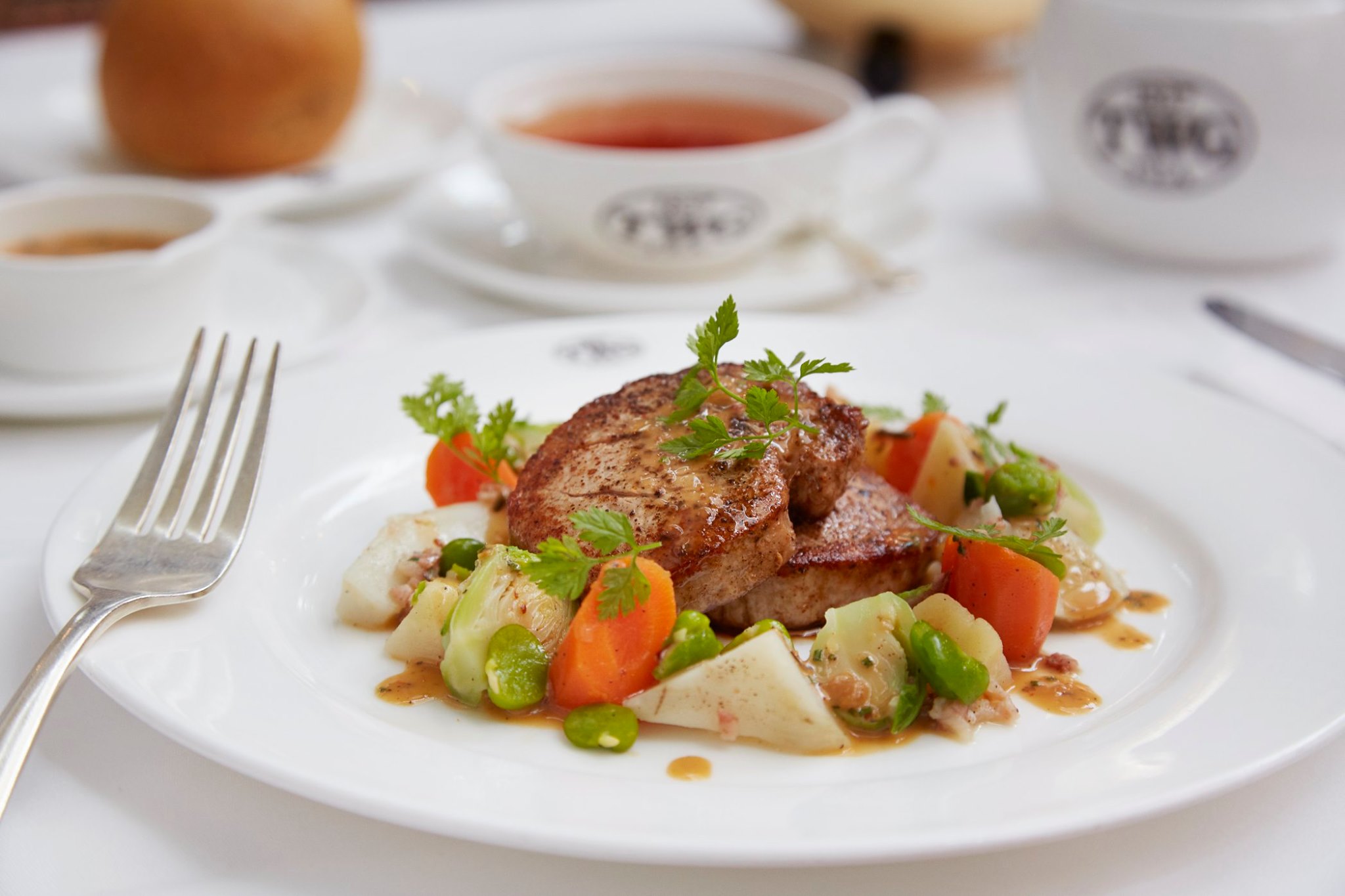On this week's set menu, pan-seared veal medallion accompanied by parsnip, Jerusalem artichoke, Brussels sprouts, baby carrots, broad beans and veal bacon, served with a White Gold Tea infused apple cream sauce. Available at all TWG Tea Salons in Singapore.