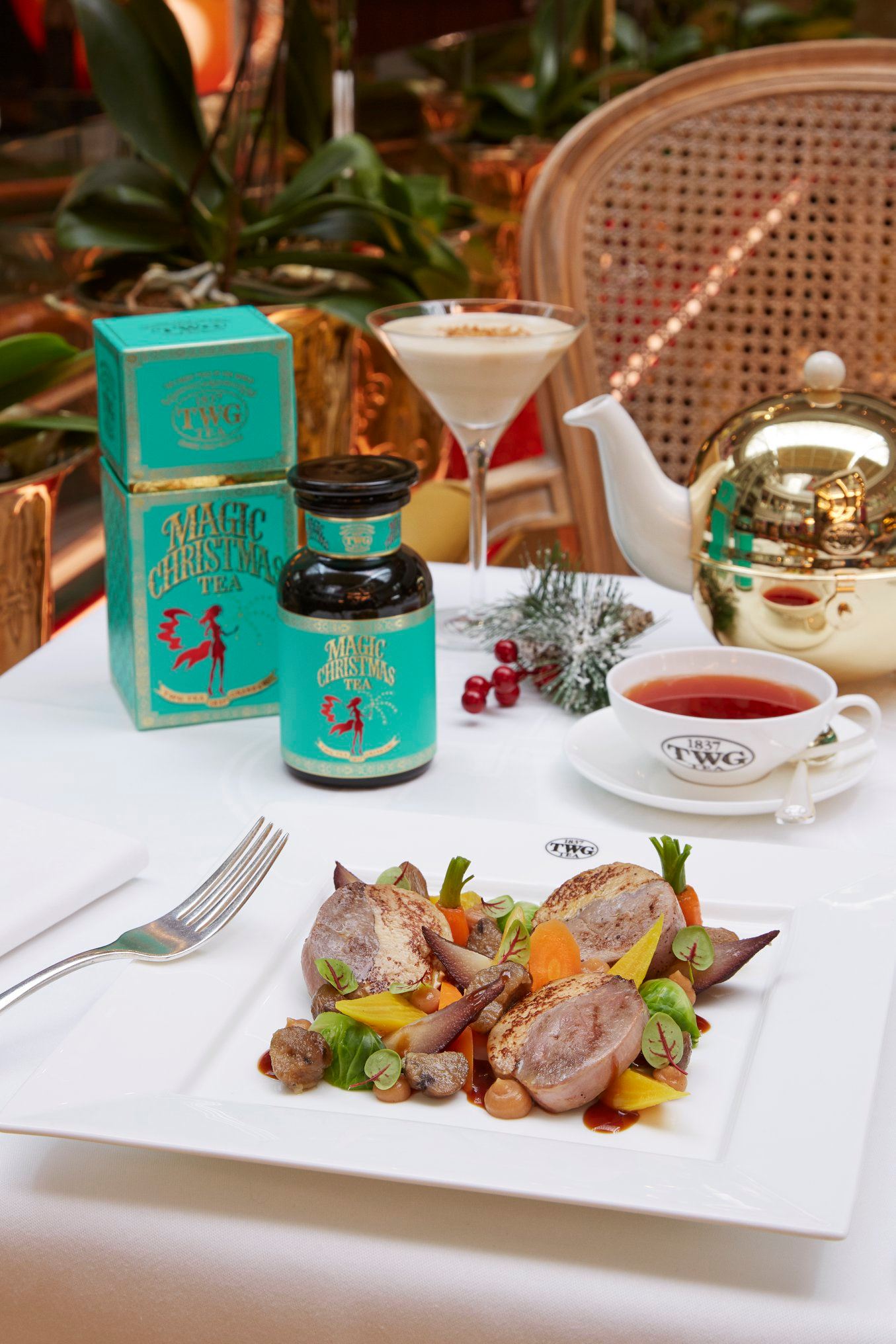 Soak up the joyous atmosphere at TWG Tea salons and indulge in the delectable Festive Set Menu through 3rd Jan 2020. The lightly seared foie gras and duck breast roll is accompanied by yellow beetroot, baby carrots, Brussels sprouts and chestnut confit, served with baby pears poached in a Red Christmas Tea infused tangy red wine and quince purée. 