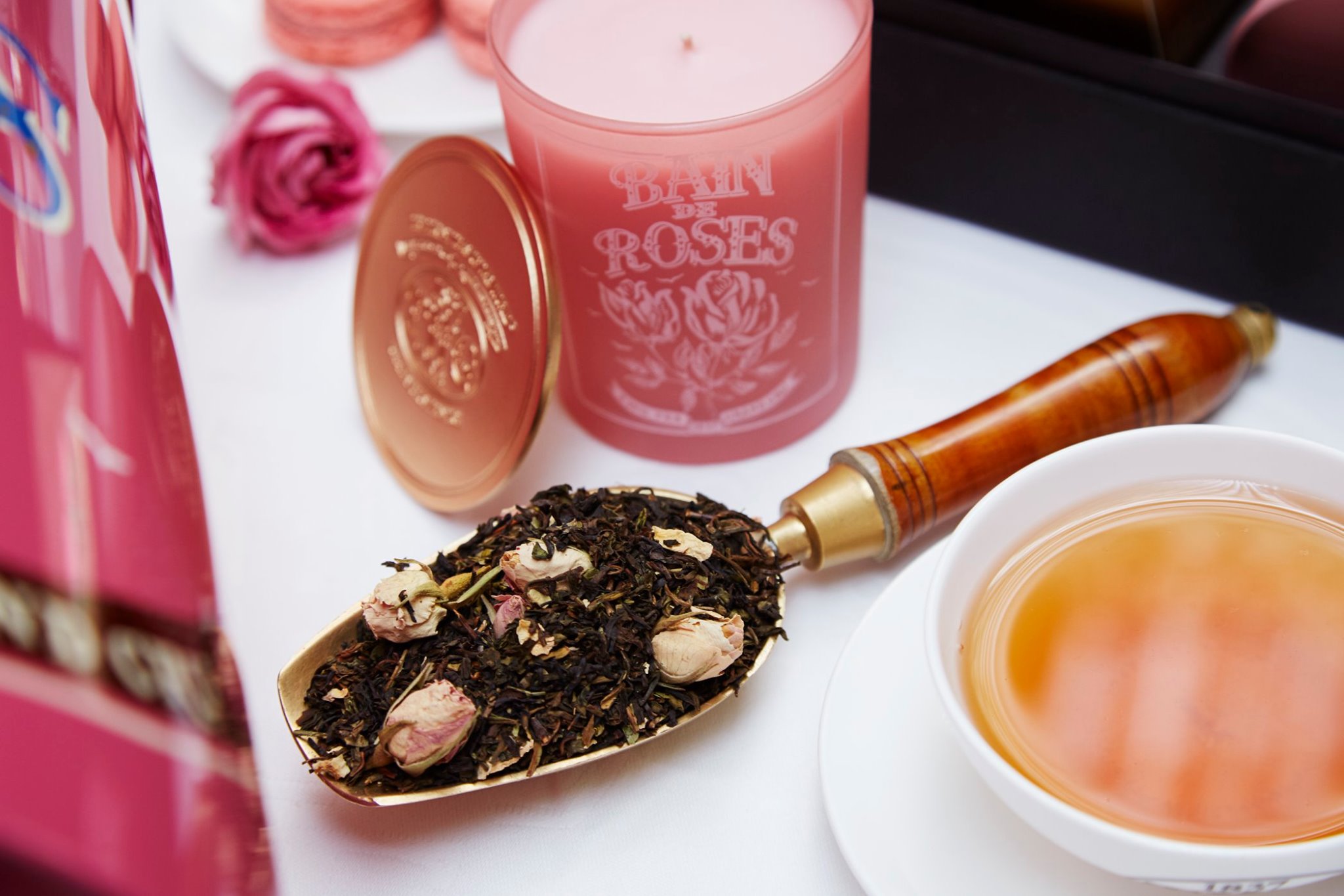 Combined with a secret bouquet of black tea, heady notes of white sandalwood, warm vanilla and fresh grapefruit, Bain de Roses exhales a passionate and dramatic elixir as sweet as a macaron à la rose. Shop now at TWGTea.Com.