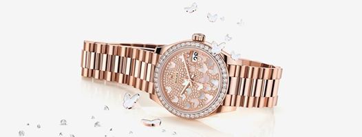 The #Rolex Datejust 31 in 18ct Everose gold with a diamond-paved, mother-of-pearl butterfly dial and President bracelet. #Festive