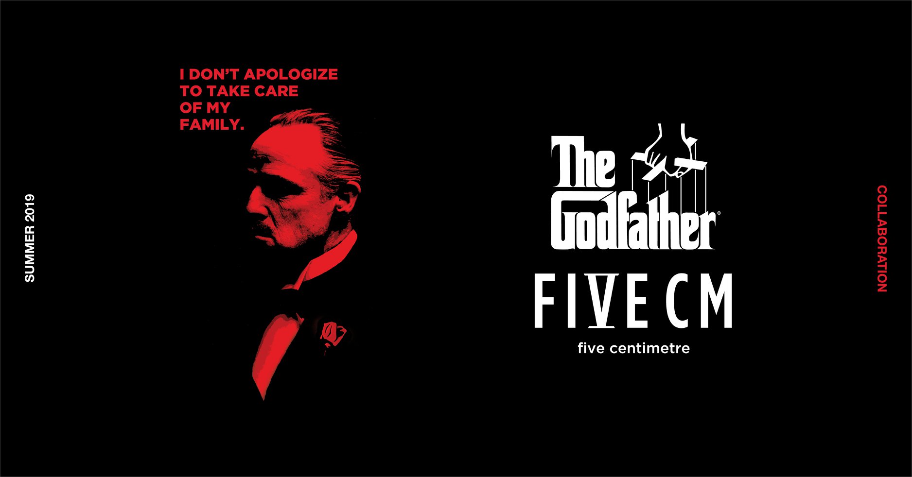 【FIVE CM x The God Father 2019夏季經典】 FIVE CM與The God Father攜手推出聯乘的系列，靈感取材自1972年的美國幫派電影「教父」，以主演馬龍·白蘭度(Marlon Brando)的頭像和電影中的經典對白貫穿整個系列，簡單用上黑白色作為主調，以紅色襯托出神秘及黑暗叛逆的感覺，並運用上報紙排版的方形構圖，帶出懷舊的味道，絕對是本季個性化造型搭的好選擇！ #FIVECM #5cm #ITHK #GodFather #SS19 #newarrivals #crossover... *部分款式於指定地區有售