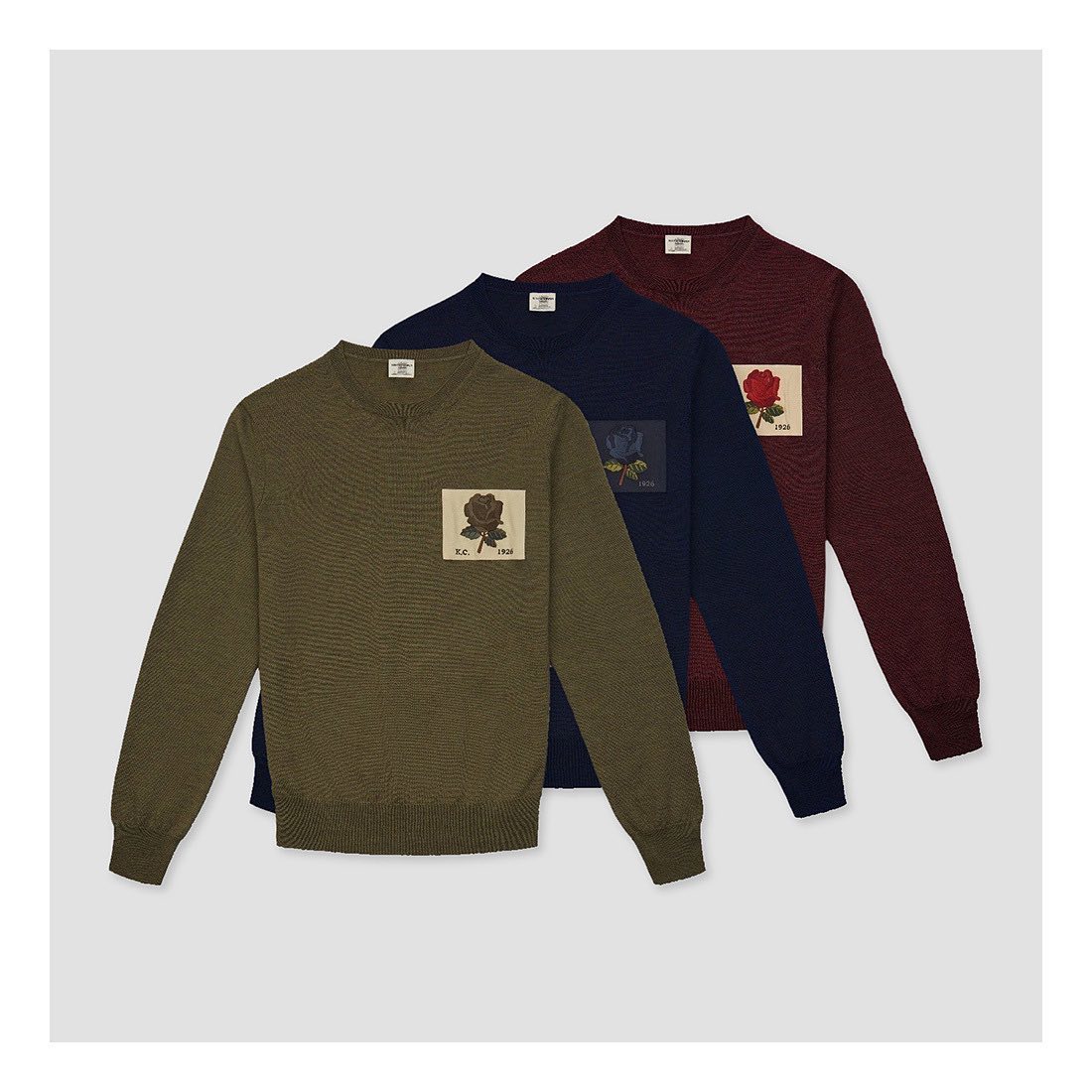Our soft merino crewnecks are knitted in Italy with a regular fit, and finished with our iconic tonal rose patch.