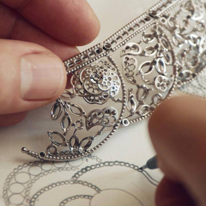After sketching the idea, the Artistic Director of the CHANEL High Jewelry studio carefully records the details of the piece. He draws the Perlé technique that emulates Russian-inspired beadwork, where each tiny bead of the borders is entirely fashioned by hand. Discover the collection on chanel.com/-Paris.russe.