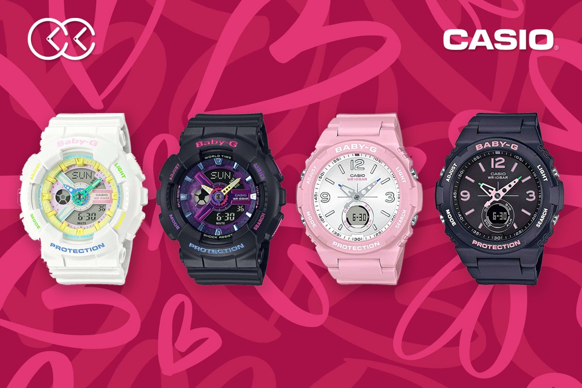 【CASIO情人節特集】 CASIO BABY-G向來以特別的配色深受女士們的喜愛，趁着情人節，為活潑好動的她配襯以下介紹的手錶，就最適合不過。 首先介紹是的設計靈感來自日本卡哇伊文化的最新Decora型號，BA-110TM-7A以及BA-110TM-1A，手錶款式以大受歡迎的型號男裝BA-110為基礎，以原宿街頭 Decora 時尚風格重新配色。... BA-110TM-7A手錶以白色為底色，配上清爽的粉色系黃、藍、綠及粉紅，令手錶可愛而不造作，而BA-110TM-1A則以黑色為底色，襯上紫色及桃紅配色，型型得來又不失少女味，兩款手錶錶徑為46.3×43.4×15.8mm，備有LED燈、世界時間、防震等基本功能。 另外一款是BGA-260SC-4A及BGA-260SC-1A，兩款以型號BGA-260為設計原型，其中BGA-260SC-4A選用了清新粉紅色配上銀白色錶面，而BGA-260SC-1A則選用黑色配粉紅色細節，兩款均有LED 燈發光錶面，方便在黑暗環境下輕鬆操作，而錶圈4個按鈕的位置，均以熒光塗料標示，任何環境亦能清楚閱讀，