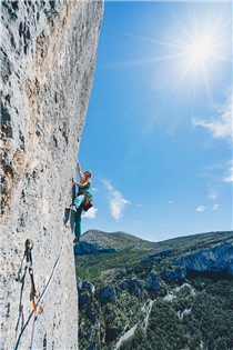 Jane Jackson probes for a good hold amid spectacular exposure in the Verdon Gorge, France. 