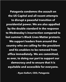 Patagonia condemns the assault on the US Capitol and all recent attempts to disrupt a peaceful transition of presidential power