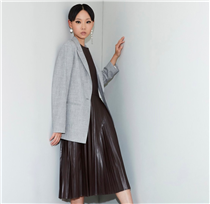 Trans-Seasonal blazer outfit in linen-like material yet never crease, and pleated pleather dress. 