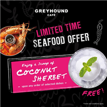 🐟🦑  Limited Time Seafood Offer at Greyhound Cafe Cityplaza 🐙🦐 TGIF!! While immersing yourself in our appealing seafood dishes, freshen up your tongues to continue with the spicy yet flavorful bites🌶️ !!  From now on until 30 Nov 2020, order from any of our selected seafood dishes to enjoy a scoop of coconut sherbet for FREE~~ ... Visit us at @cityplazahk to enjoy the offer before it sneaks out💨   *Terms and Conditions apply. Greyhound Café, Cityplaza