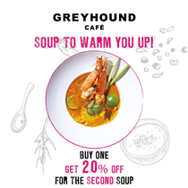 Having soup at the start of your meal can help to activate the digestive system to promote a smooth digestion of food. Our tangy Light Tom Yum Soup is the perfect starter to help stimulate your appetite! 🥣  From now till 30th April, 2020, you can enjoy 20% off on the second soup order at MOKO, Whampoa, Elements, Cityplaza, New Town Plaza and Popcorn Greyhound Café!  Don’t miss the chance for some belly-warming soups! #GreyhoundCafeHK #GreyhoundCafe #Thaifood #泰菜...