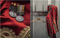 A special curation of the Gieves & Hawkes archive.  Queen Victoria & Edward VII South Africa Medals and an infantry tunic with figured braiding on the sleeve, Royal Engineers, rank of captain. 
