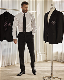 Inside #DavidBeckham's final fitting before the debut match of #InterMiamiCF. His Purple Label Made to Measure suit is custom-tailored from Italian wool gabardine and finished with a defining detail — the new soccer club's crest, inspired by vintage designs and incorporating herons, stars, and an eclipse.⁣