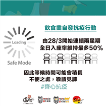 【齊心抗疫】由明天起，我哋將會全日維持入座率不多於5️⃣0️⃣%，以保持顧客間距離☺我哋仲會繼續嚴格執行各項防疫措施💪🏻💪🏻 早前發佈嘅安心用餐措施: