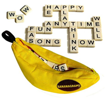 Looking for family game night ideas? Why not give Bananagrams a try? Addictively simple, and simply addictive, BANANAGRAMS is the fast and frantic word game enjoyed by millions! Players and their opponents aim to use all of their letters to build a word grid in a race to the finish. The first player to use all of their tiles is crowned "Top Banana"!