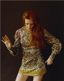 Florence Welch featured in the latest Sorbet Mag issue wearing a silk duchesse mini dress with all-over bead and floral embroideries from Gucci Fall Winter 2019 by Alessandro Michele. 