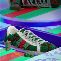 Sound on. In Oh Jia Hao’s 24 Hour Ace video, the Gucci Ace sneaker by Alessandro Michele is cut by a blade topped with a gummy bear patterned with the same GG motif. “I want to evoke happiness… by infusing these fun and bright colors along with squishy textures to provide an ASMR feeling, it creates a tingling sensation.” 