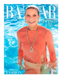 Gwyneth Paltrow appears on the Febraury cover of Harper’s Bazaar US wearing a Gucci Spring Summer 2020 dress with cut-out details by Alessandro Michele. 