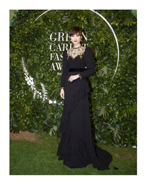 Recipient of the Asia Changemaker Award, Chris Lee and Song Yanfei both wearing Gucci at the first digital Green Carpet Awards. Chris Lee wore a high neck gown featuring floral embroidery with gathering on the shoulder and a selection of Gucci Jewelry pieces.