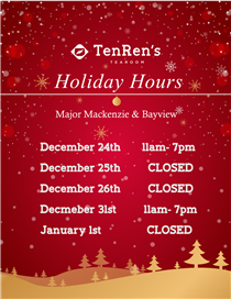 As we are approaching the Holiday Season, we want inform you of our holiday hours. We will be adjusting holiday hours for Hwy 7/Times Ave. Location and Bayview/Major Mac. Location. (see post for detail holiday hours) As for both Empress Walk and Bur Oak/McCowan location, it will remain open throughout the holiday season to serve you.  Call us for take-out or details:...