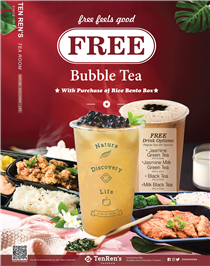 For a limited time only, enjoy a FREE bubble tea with purchase of Rice Bento Box. 