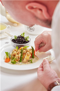 The perfect meal before heading home, TWG Tea French yellow chicken breast crusted with Sencha Prestige and mustard, accompanied by black rice risotto and garden vegetables, served with a pommery mustard cream sauce on this week's set menu.