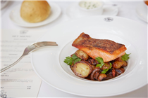 Salmon in a Burgundy red wine sauce and horseradish cream, accompanied by sautéed potatoes infused with Lu An Gua Pian, caramlised pearl onions, veal bacon and mushrooms on this week's Set Menu. Available at all TWG Salons in Singapore.