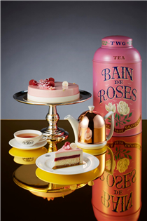 TWG Tea Rose Garden Cake, an almond streusel base layered with Bain de Roses Tea infused vanilla mousse layered with raspberry confit and almond sponge. Preorder our Tea-infused Cakes on TWGTea.com!