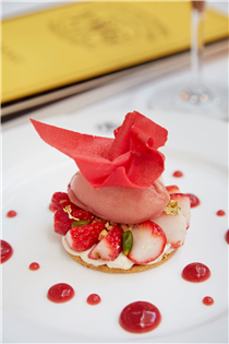 Pamper yourself with TWG Tea strawberry pistachio nut tart with mille-feuille cream and Silver Moon Tea infused strawberry jam, topped with a strawberry tuile and accompanied by a scoop of rhubarb sorbet. Available at any TWG Tea Salons in Singapore.