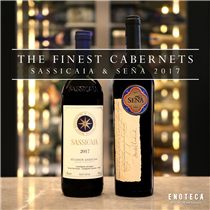 ［ENOTECA Wine Selection］［ Sassicaia & Seña 2017］［七五折優惠］ 世上許多頂尖美酒的原型，來自於波爾多的赤霞珠經典混釀。以Cabernet Sauvignon作為主幹，配上Merlot的豐美，加上Cabernet Franc等品種提香點綴，啟發無數釀酒師以此為根基，建造獨一無二的宏偉城堡。 意大利超級托斯卡納的先驅者，貴族子弟永不放棄的夢想，Sassicaia 2017；...