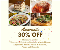 為了方便各位可以在家中都可以享用Amaroni's 美食😙😙，由即日起逢星期一至日所有前菜，沙律🥗，意粉🍝，Pizza 及甜品類外賣自取7⃣折， 除左於餐廳取餐之外，到商場上落客區取亦可~ 歡迎致電查詢：
